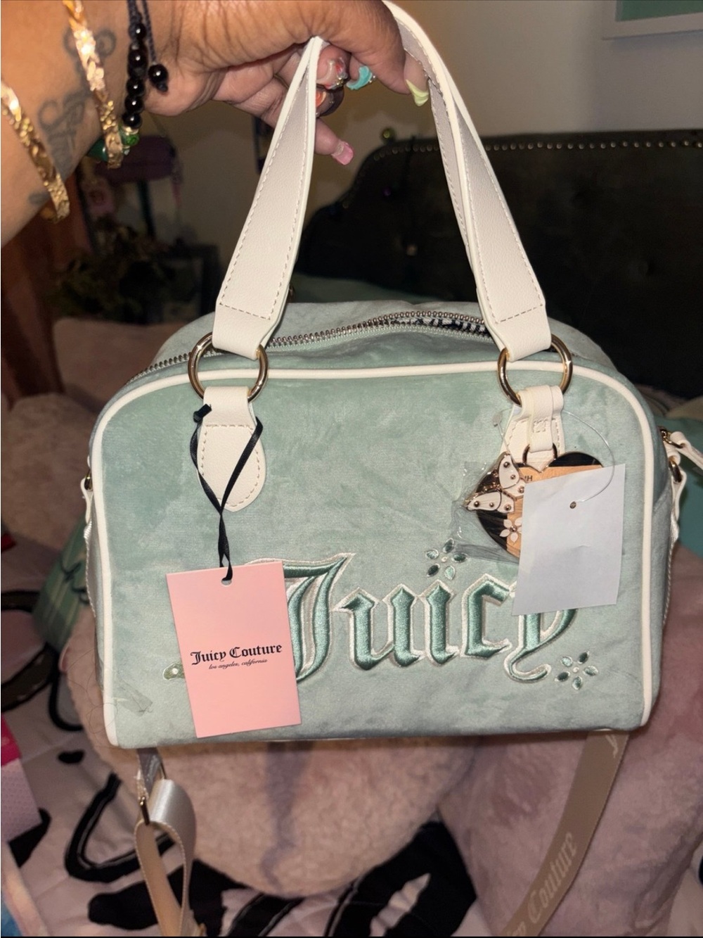 Juicy Couture Mint Green Velvet Logo Satchel with White Trim